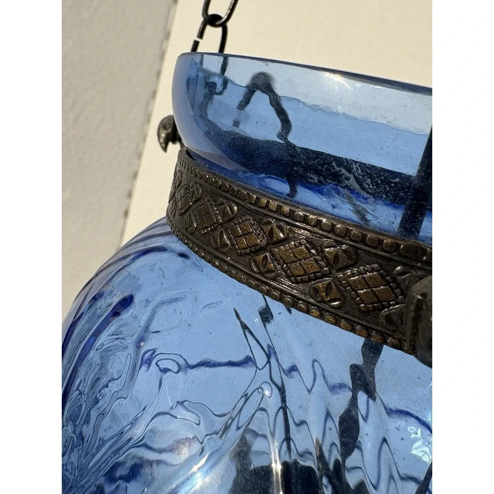 Antique hanging Blue Glass Bell Jar Candle Lantern ~ Pendant Bell